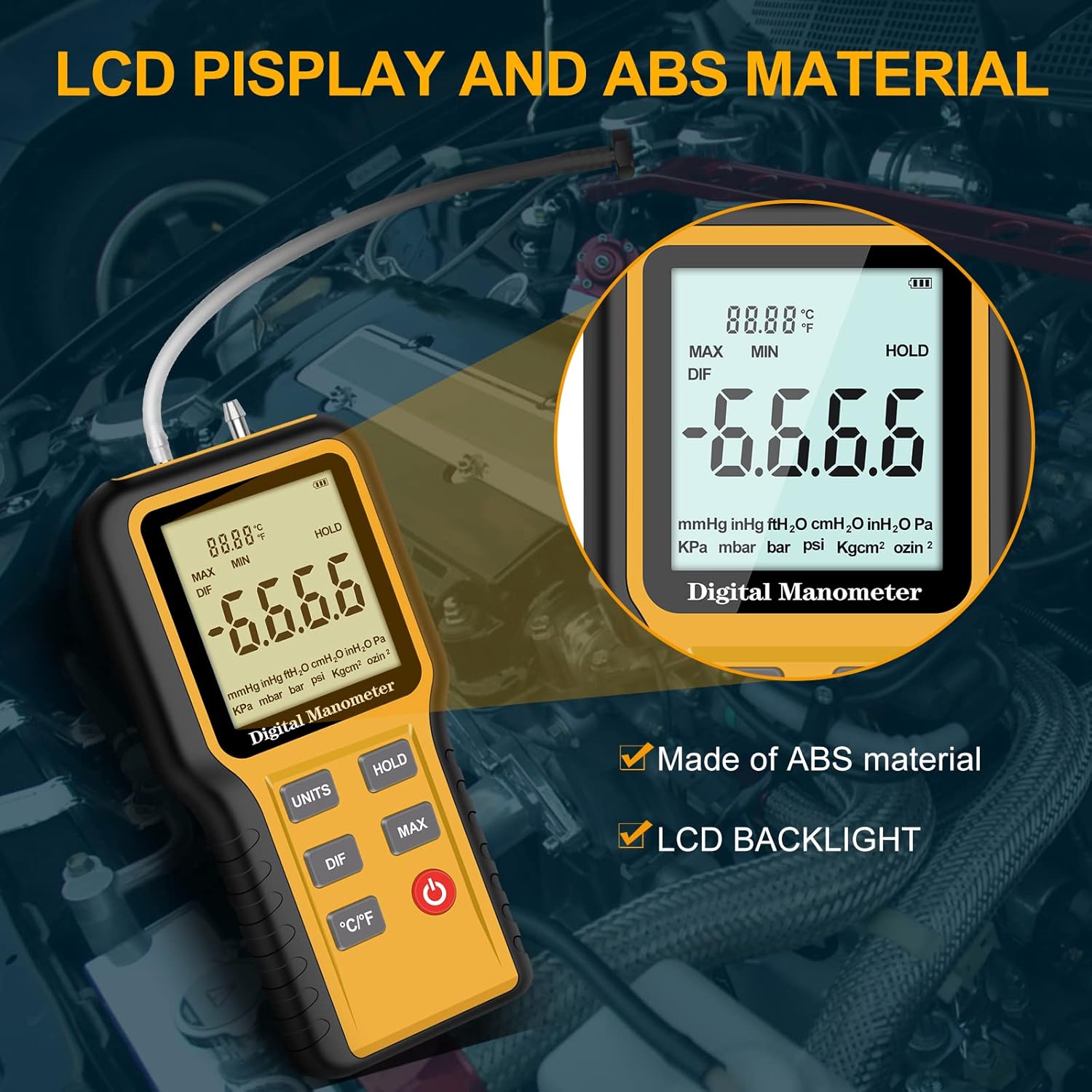 Manometer, Dual-Port HVAC Digital Air Pressure Meter Gas Tester Z185