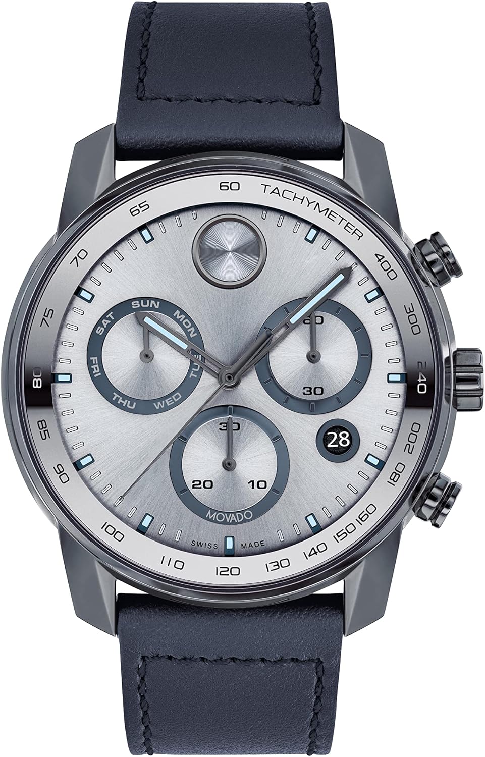 Movado Men's 3600909 Bold Verso Swiss Quartz Grey Ion-Plated Stainless Steel and Leather Strap Watch, Color: Navy