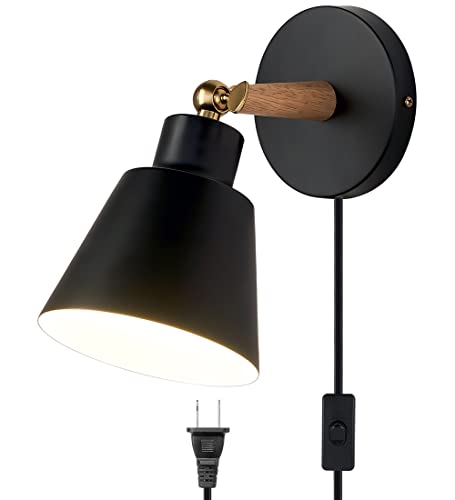 Plug in Wall Sconces Lighting Fixture, Black Nordic Wooden Bedside Wall lamp for Industrial Bedroom, Bathroom Sink Lighting for Bathroom Hallway Living Room(1Pack-Black with Plug in Swtich)