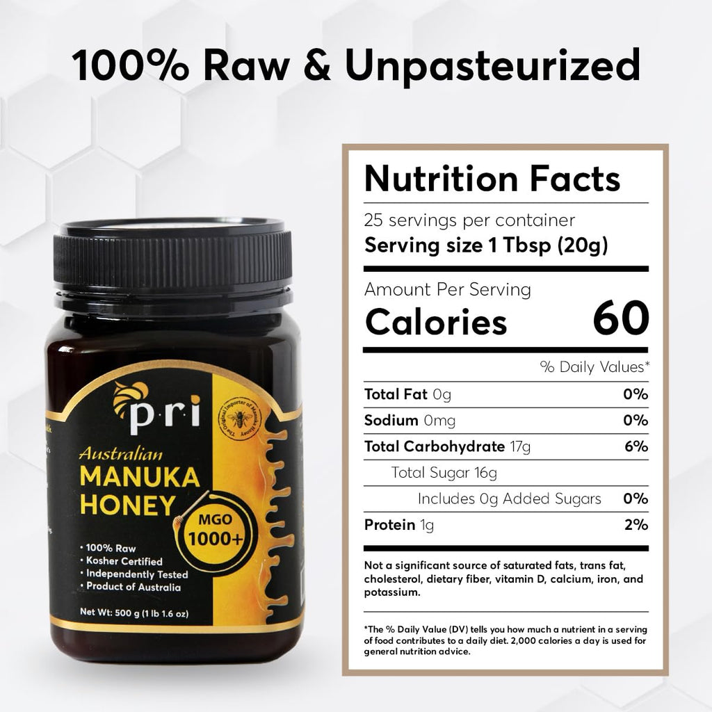 PRI Manuka Honey MGO 1000+ Raw, 1.1lb (500g Jar) G752