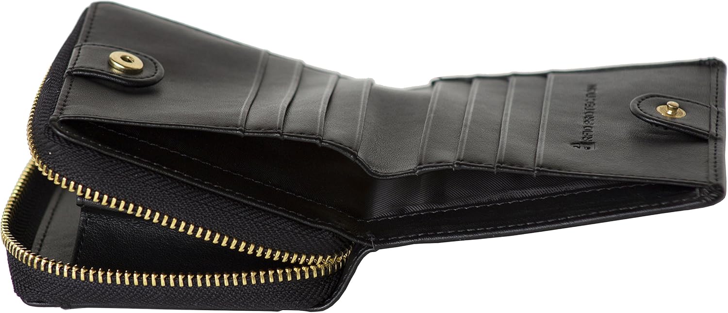 Women's Genuine Leather Scan Proof Small Zip Wallet Black N827