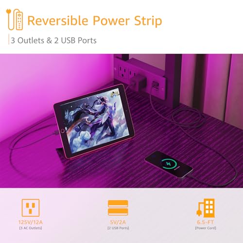 Black Gaming Desk with Hutch and Shelves, 47 Inch with LED Light and Power Outlets C685