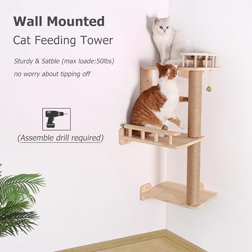 Corner Cat Shelf Wall Mounted with Feeder, 3 Levels Cat Wall Tree for Indoor Cats F39365