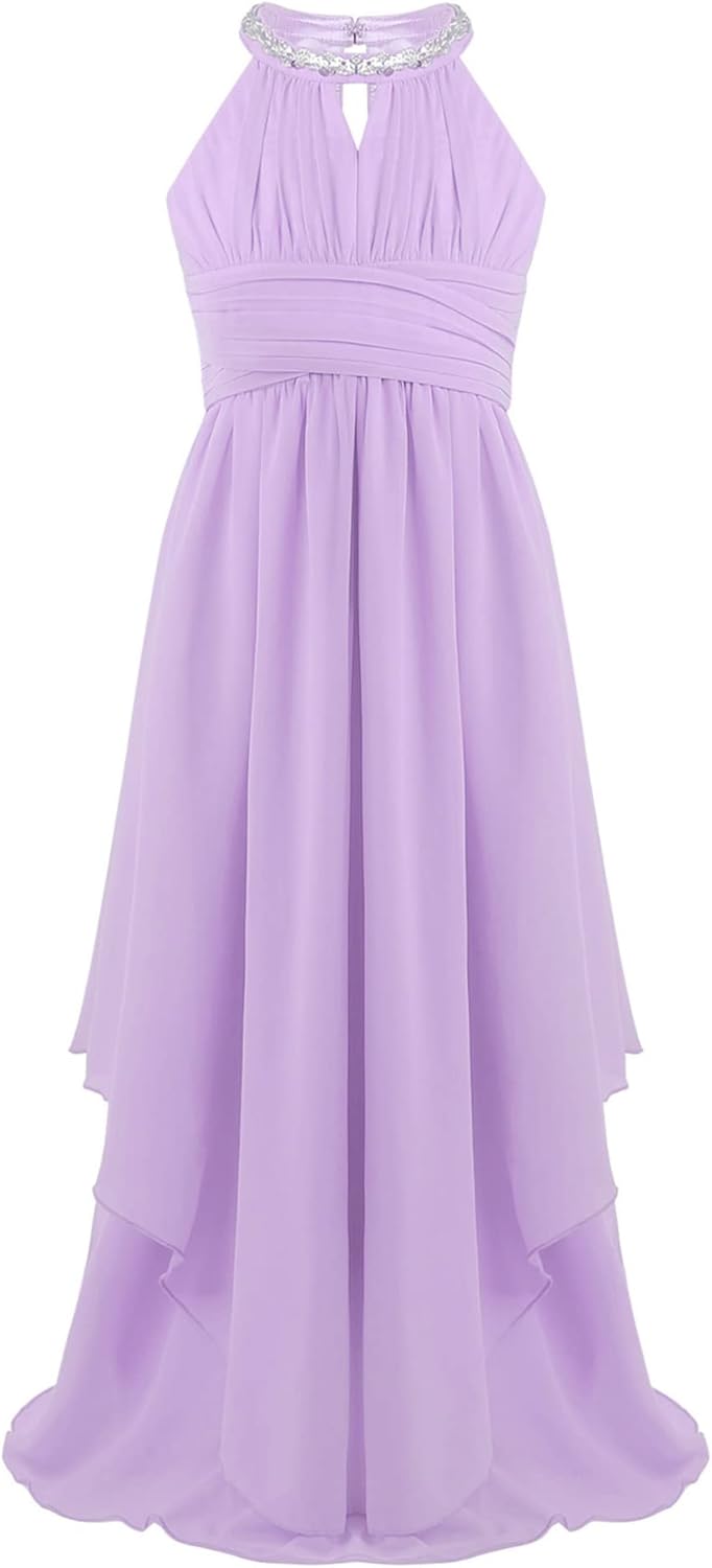 Alvivi Big Girls Halter-Neck Floral Lace Junior Bridesmaid Romper Dress Wedding Party Ball Prom Evening Long Gowns Lavender B 10 Years