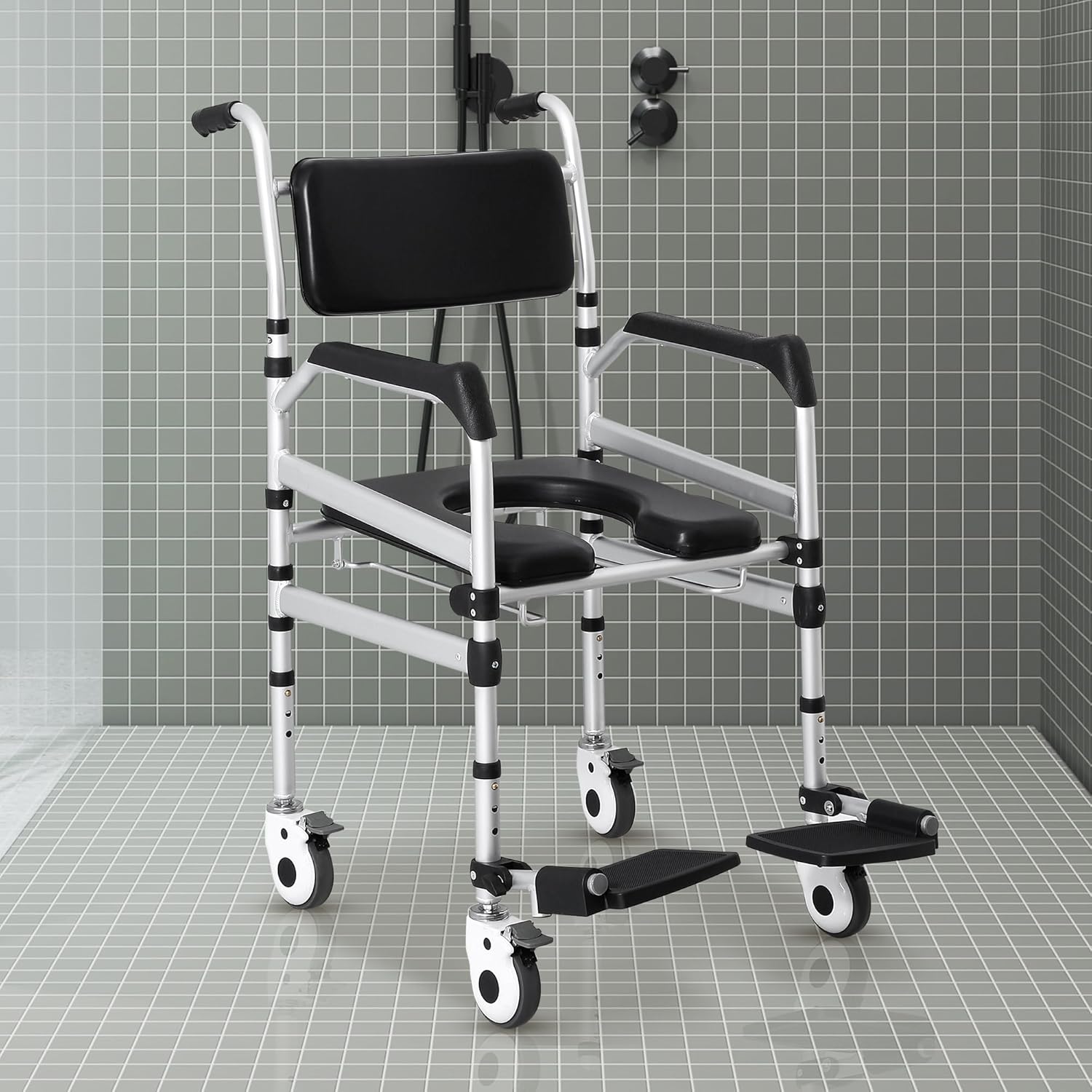 Houseables Shower Chair with Wheels, Shower Wheelchair, Rolling Shower Chair, Shower Commode Wheelchair, Bedside Toilet Chair for Elderly, Handicap Shower Chair with Wheels, Height Adjustable