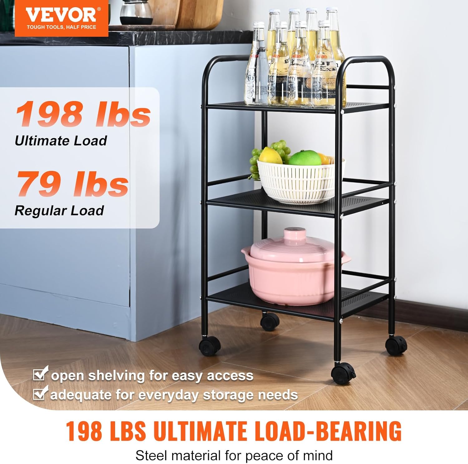 VEVOR 3-Tier Metal Rolling Cart with Lockable Wheels, Black Q103026