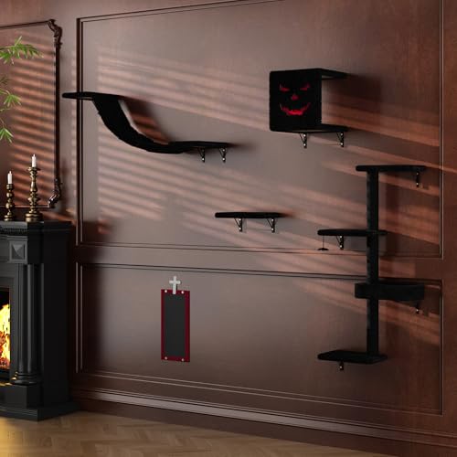 COZIWOW Cat Wall Shelves, Wall-Mounted Cat Climber Set of 5, Floating Cat Perches, Hanging Cat Beds, Modern Cat Furniture for Large Cats or Kitty (Black)