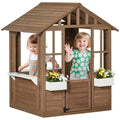 Outsunny Kids Wooden Playhouse, Outdoor Garden Games Cottage, with Working Door, Windows, Flowers Pot Holder, 47" x 38" x 54", White
