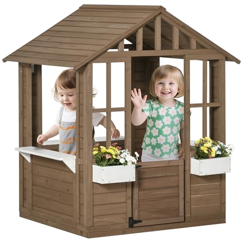 Outsunny Kids Wooden Playhouse, Outdoor Garden Games Cottage, with Working Door, Windows, Flowers Pot Holder, 47" x 38" x 54", White