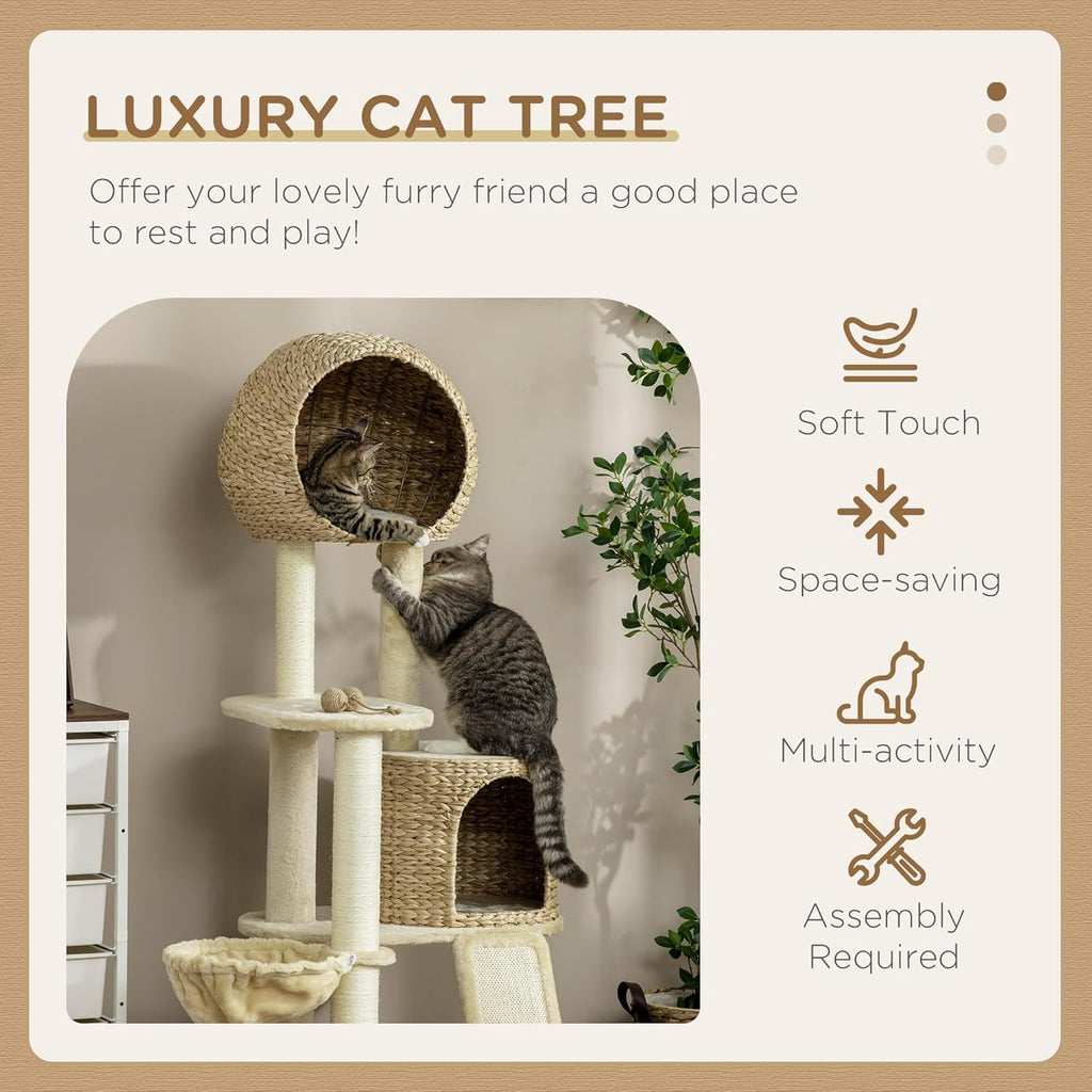 PawHut 59 Inch Cat Tree for Indoor Cats with Condo, Hammock, Scratching Posts, Beige W443
