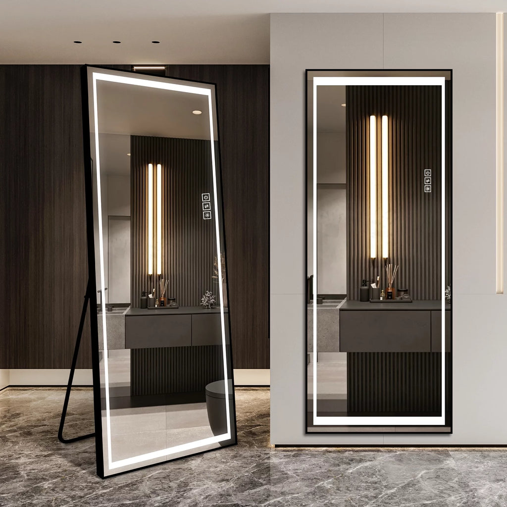 LAIYA LED Aluminum Full Body Rectangular Mirror Large Size Floor Mirror With Bracket Touch Button Furniture Decoration Mirror (65"X22" black)
