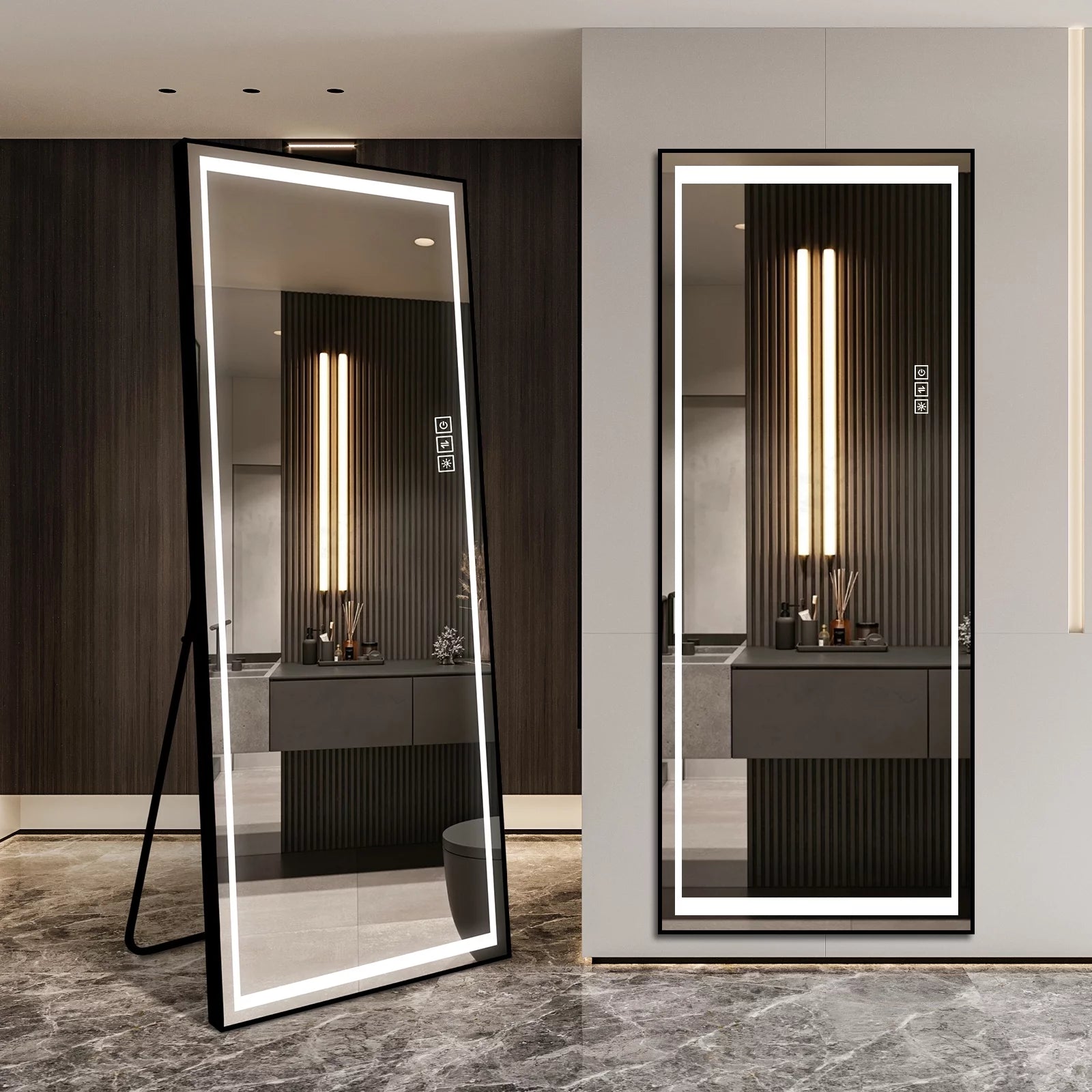 LAIYA LED Aluminum Full Body Rectangular Mirror Large Size Floor Mirror With Bracket Touch Button Furniture Decoration Mirror (65"X22" black)