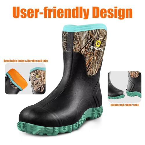 D DRYCODE Women's 6mm Neoprene Mid Calf Rain Boots, Waterproof, Black S28175