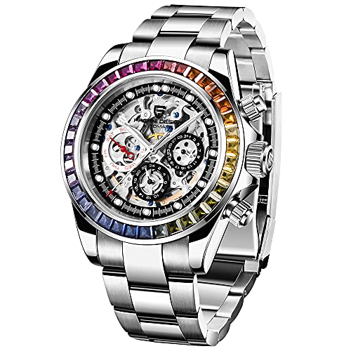 HaiQin Pagani Design 1653 Skeleton Automatic Watches for Men, Diamond Bezel Stainless Steel 100M Waterproof Self Winding Stylish Casual Wrist Watch