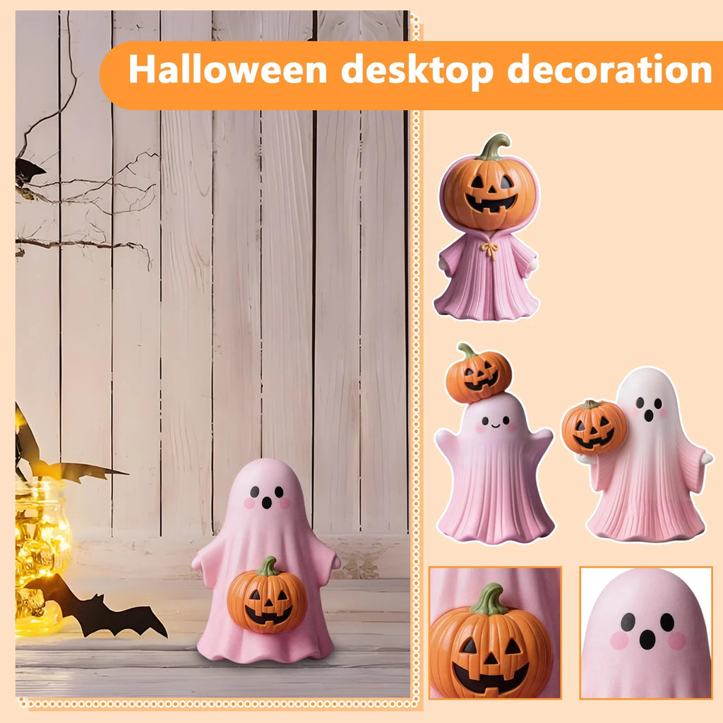Pink Ghost Figurine Set, Resin Pumpkin Statues, Pastel Halloween Decor Q816