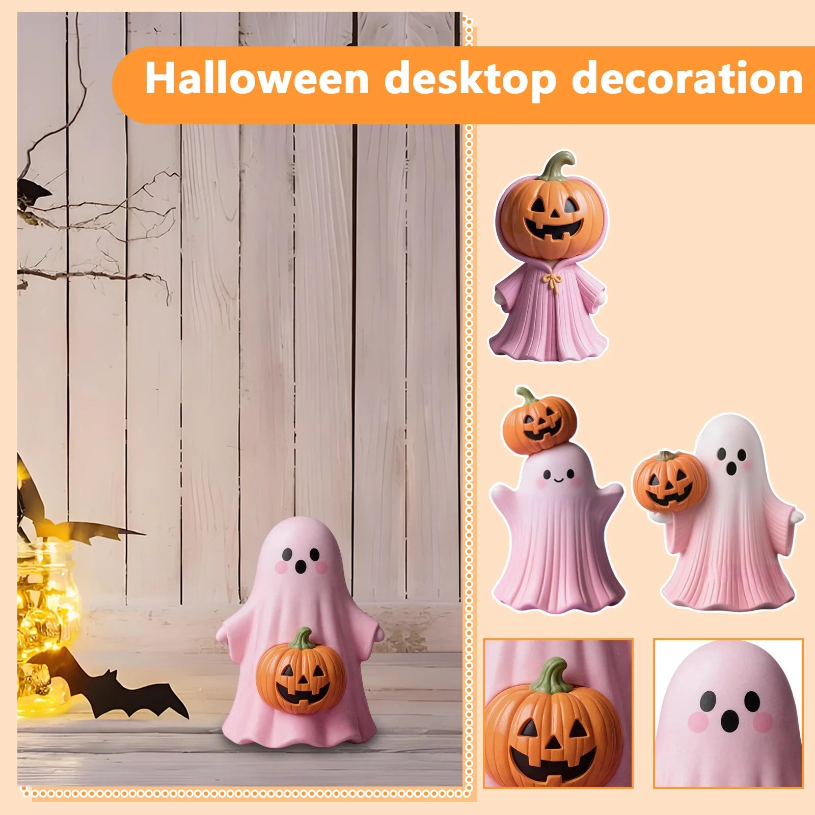 Pink Ghost Figurine Set, Resin Pumpkin Statues, Pastel Halloween Decor Q816