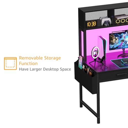 Black Gaming Desk with Hutch and Shelves, 47 Inch with LED Light and Power Outlets C685
