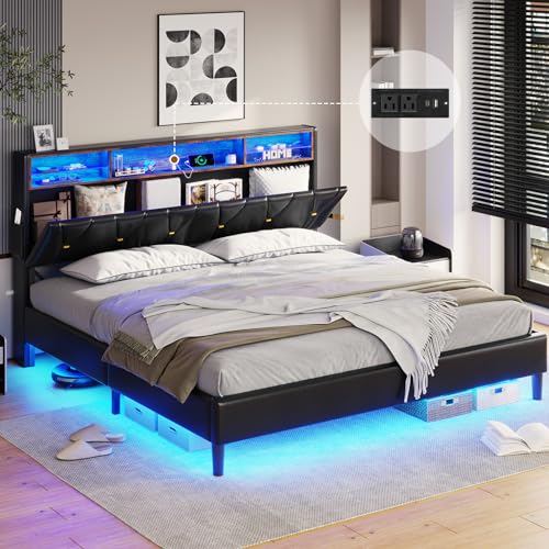 Full Size Bed Frame with Headboard Storage & LED Lights, Platform Bed Frame Full Size with Charging Station, Velvet Upholstered Bed with Shelf Headboard, No Box Spring Needed, Creamy White