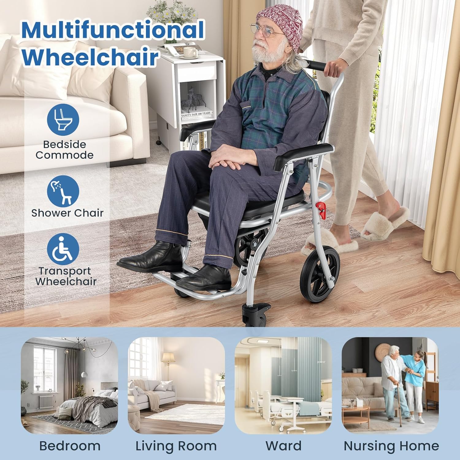 Giantex Bedside Commode Wheelchair with Arms, Lockable Casters, Detachable Bucket G734