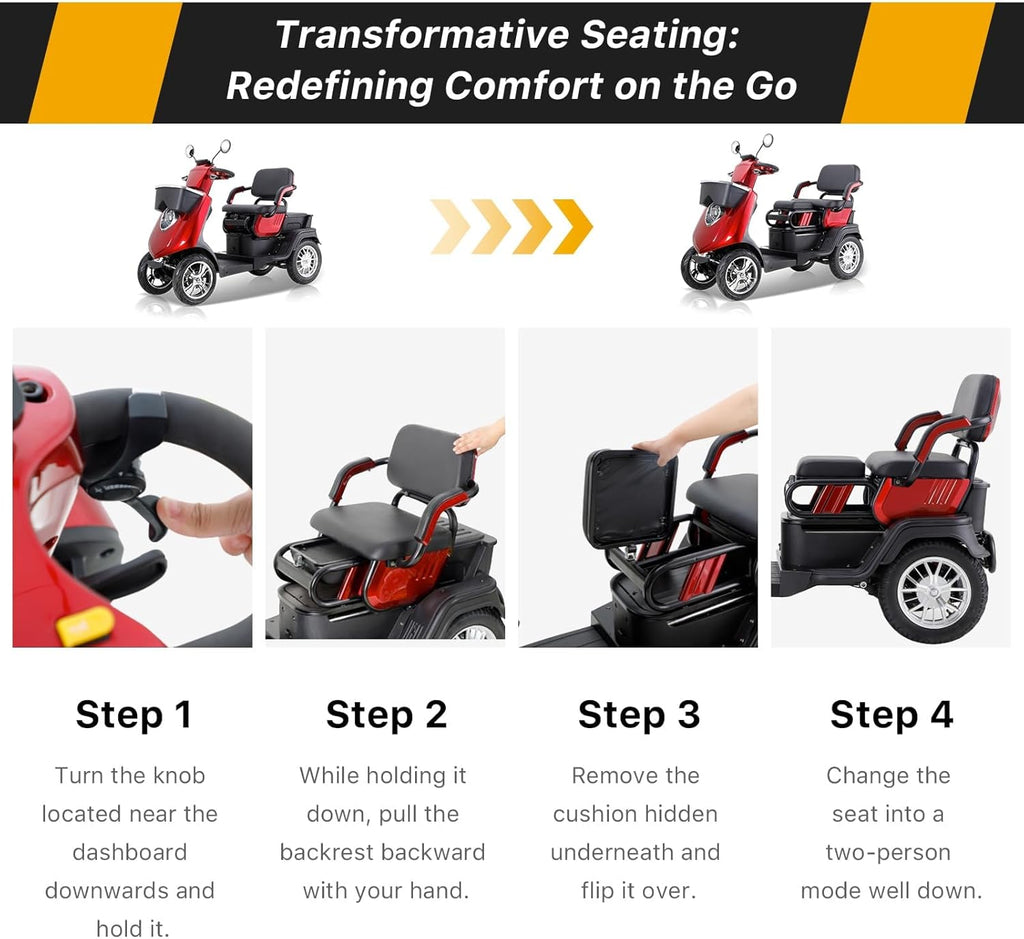 Two Seater Mobility Scooter 500lbs Capacity Heavy Duty Electric - Red D52623