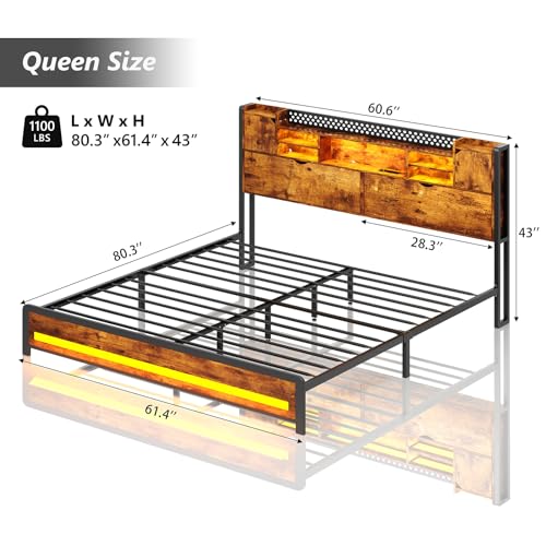 King Size Bed Frame with Storage Drawers and Bookcase Headboard, LED Lights, Vintage Brown K9476