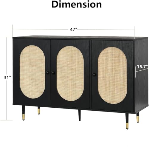 Black Rattan Buffet Cabinet 3 Doors with Storage, 47" Sideboard U11879