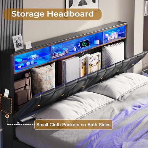 Full Size Velvet Upholstered Bed Frame with Headboard Storage & LED Lights B563