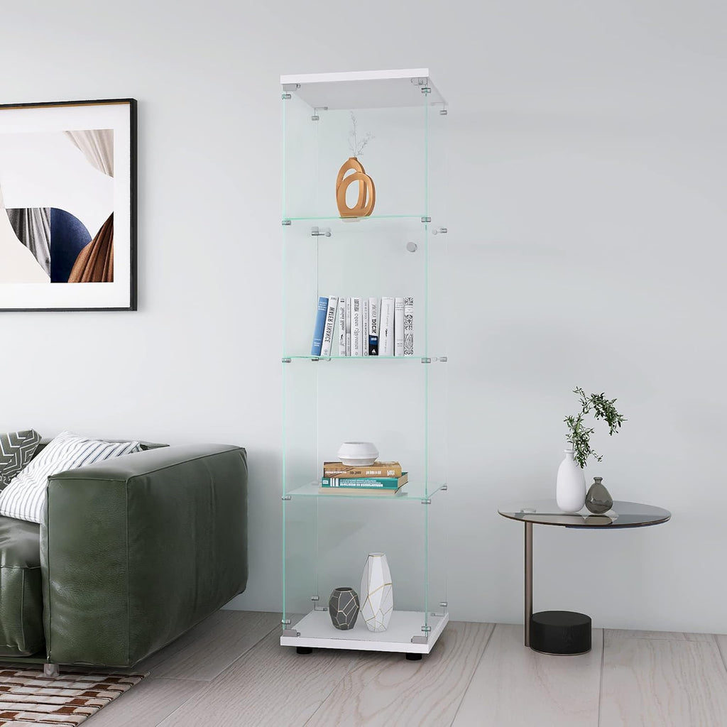 4-Shelf Glass Display Cabinet with Door and Lock, Upgraded Quick-Install Style Curio Cabinets 5mm Tempered Glass Floor Standing Bookshelf for Bedroom, Living Room 64.7”x 16.7”x 14.3” White