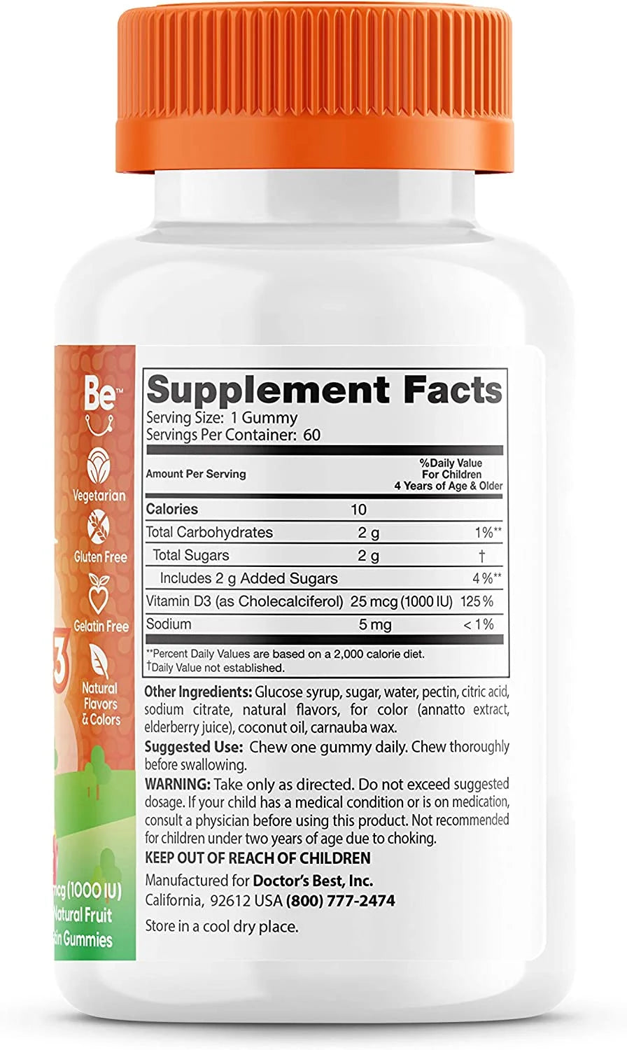 Doctor's Best Vitamin D3 Kids Gummy Natural Fruit 25 mcg, 60 Gummies R80229