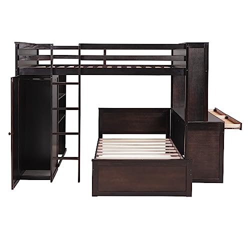 Harper & Bright Designs Full Over Twin Bunk Bed with Desk and Storage, Solid Wood, Gray L8927