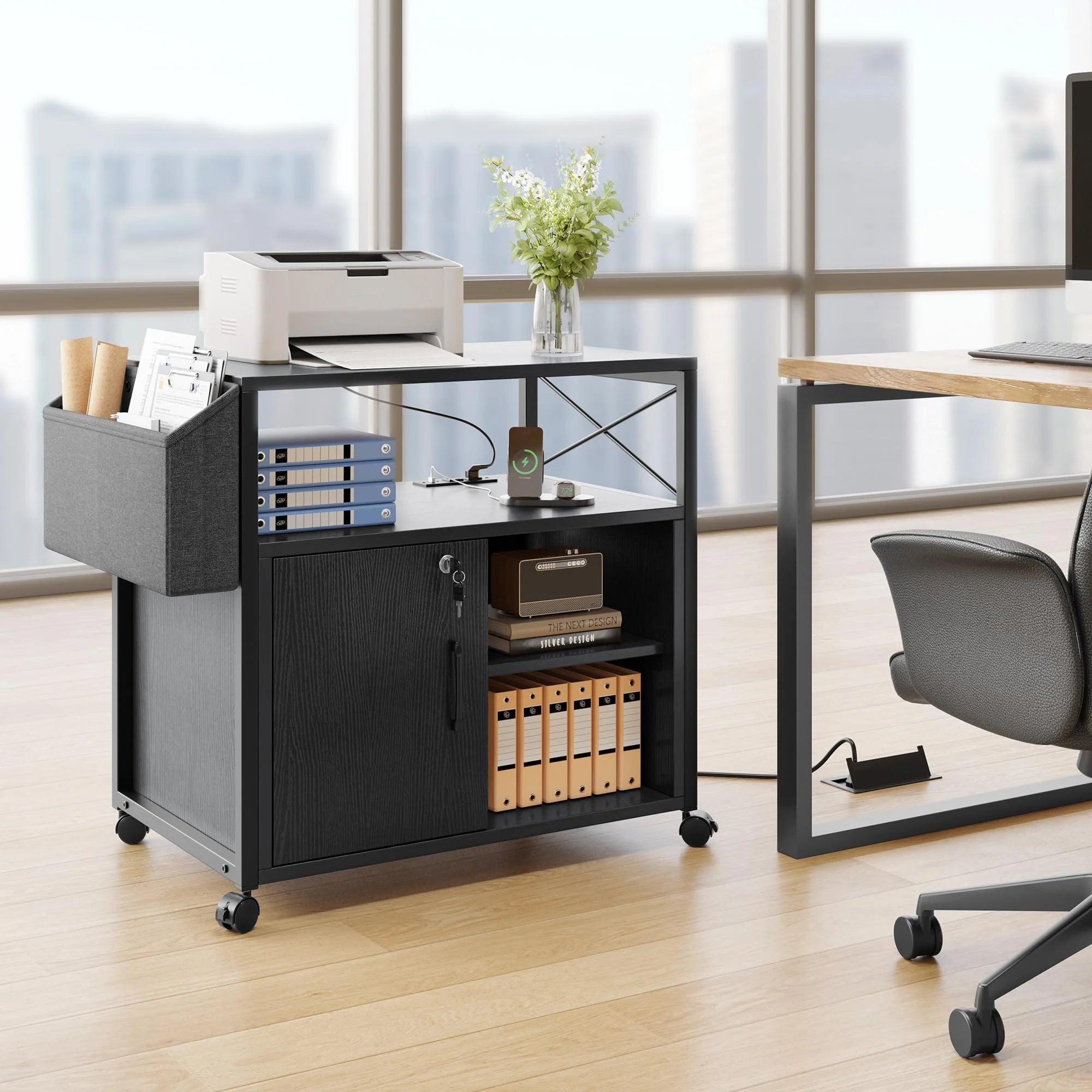 Dextrus Lateral File Cabinet, Wood Printer Stand with Charging Station, Black L37427