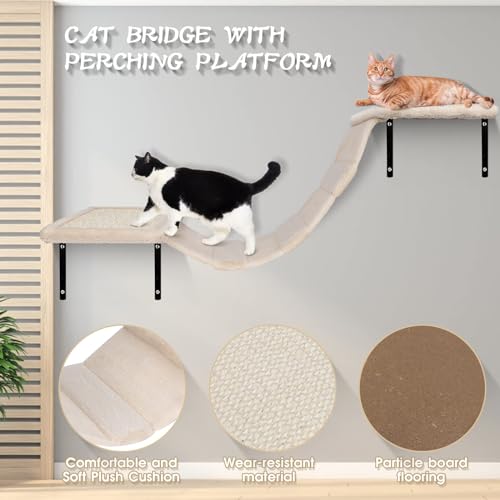 Almcmy Wall Mounted Cat Furniture 4 PCS Wood Cat Wall Shelves with Bridge, Grey P56660