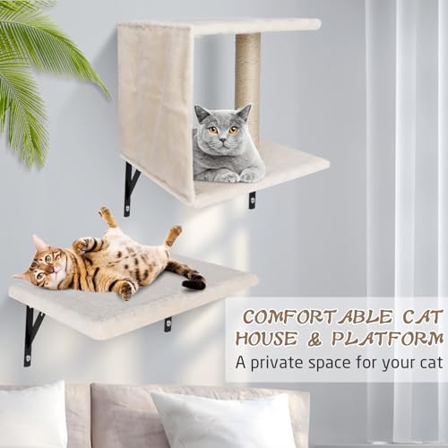 Almcmy Wall Mounted Cat Furniture 4 PCS Wood Cat Wall Shelves with Bridge, Grey P56660