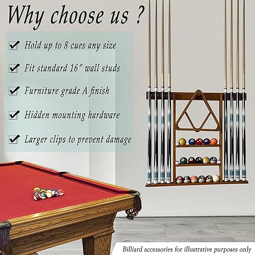 Wall Mount Pool Cue Rack for 8 Sticks, Solid Wood Mahogany S223328
