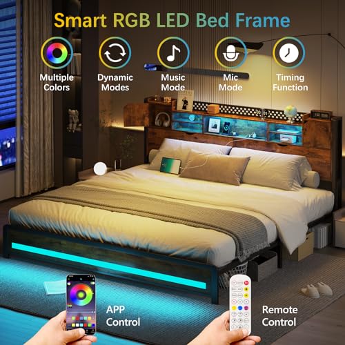 King Size Bed Frame with Storage Drawers and Bookcase Headboard, LED Lights, Vintage Brown K9476