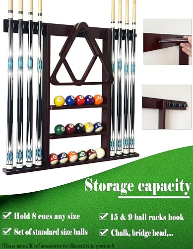 Wall Mount Pool Cue Rack for 8 Sticks, Solid Wood Mahogany S223328
