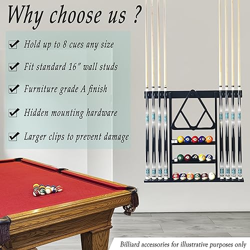 Wall Mount Pool Cue Rack for 8 Sticks, Solid Wood Mahogany S223328