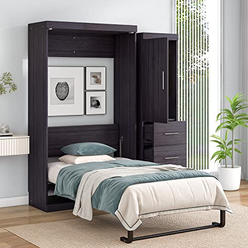 DEINPPA Full Size Murphy Bed with Convertible Wardrobe, Wall Bed with Drawers and Shelf, Antique Wood I776