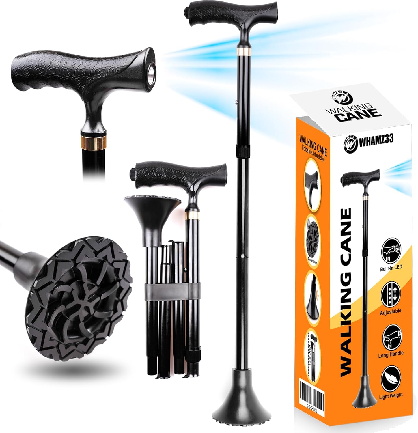 Walking Cane for Men - Foldable Walking Cane with Light, Lightweight Senior Walking Stick Cane, Easy to Use Canes for Women Stability