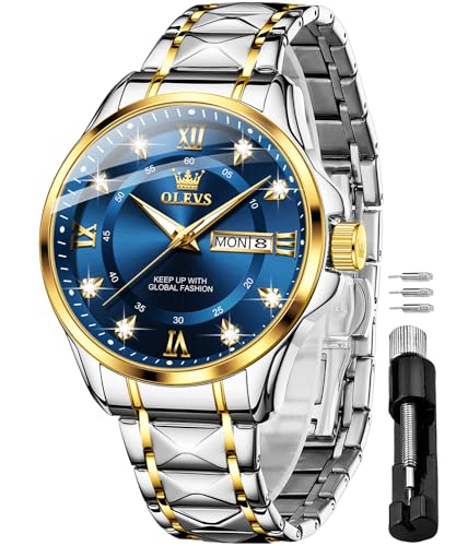 OLEVS Mens Quartz Watches Diamond Luxury Dress Gold Wrist Watch Big Face Easy Reader Business Casual Stainless Steel Waterproof Date Watch