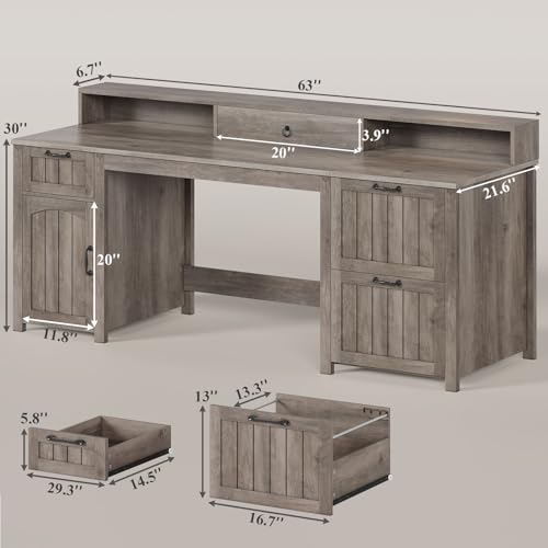 SEDETA Farmhouse 63" Executive Desk with File Drawer and Monitor Stand O784