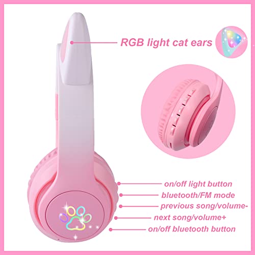 Cat Ear Kids Headphones Bluetooth LED Wireless Over Ear with Microphone Pink D91528