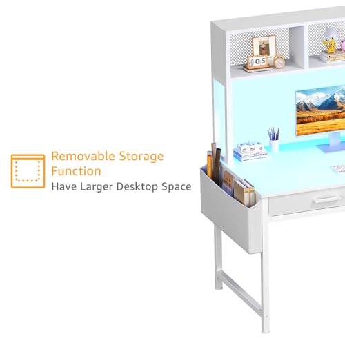 Black Gaming Desk with Hutch and Shelves, 47 Inch with LED Light and Power Outlets C685
