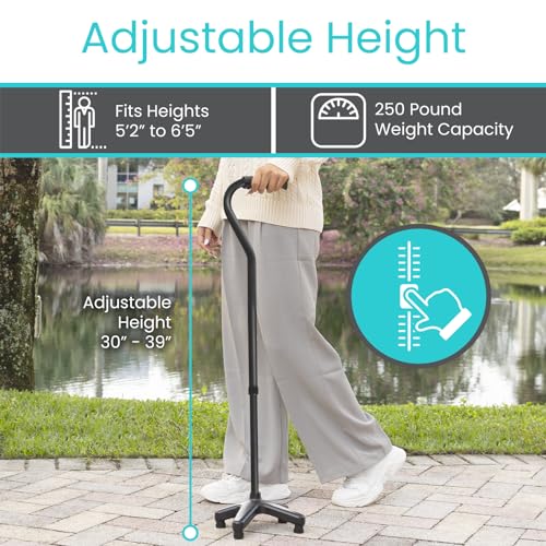 Vive Quad Cane Adjustable Walking Cane with 4 Pronged Base for Seniors C2311