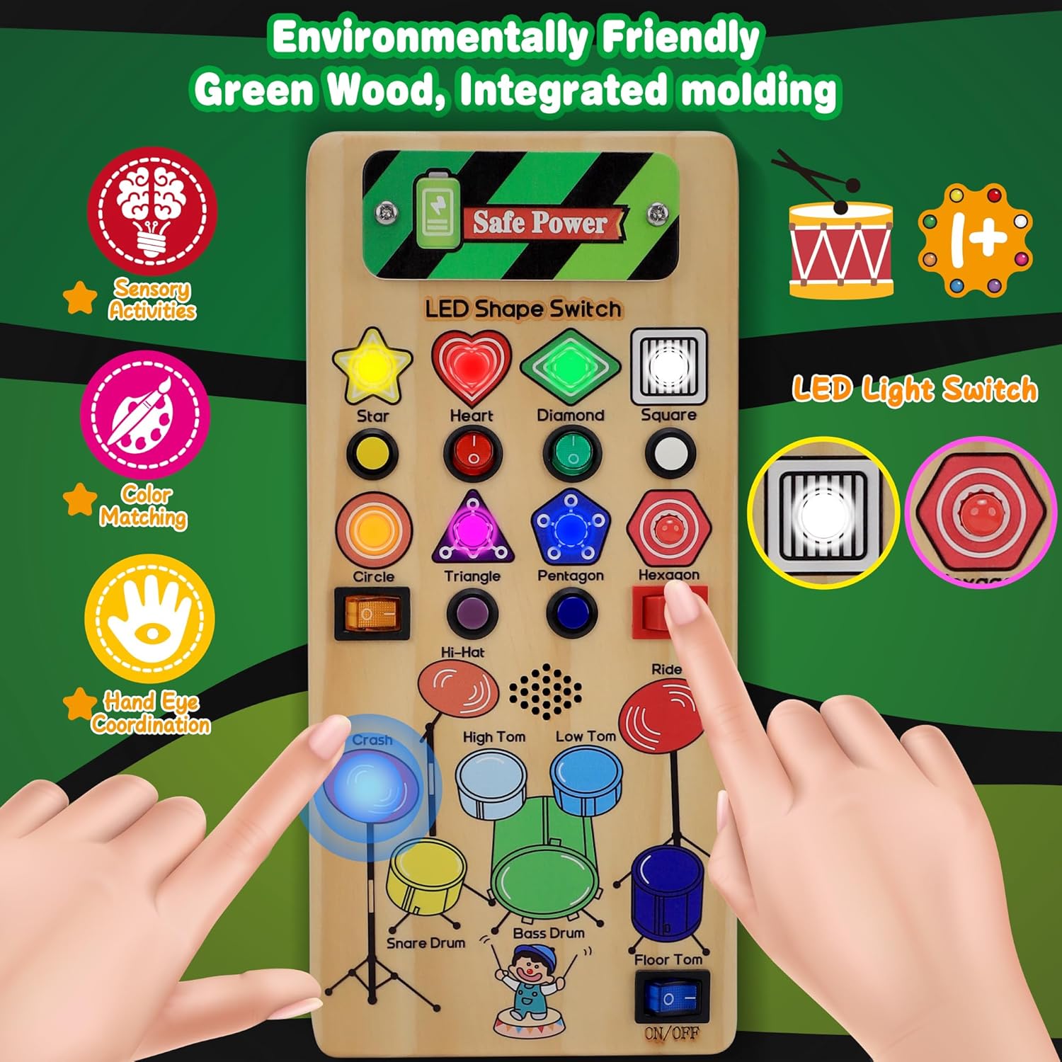 USB Busy Board Montessori Toys with LED Shape Switch and Drum Set for 1-3 Year Old Boys Girls I9070