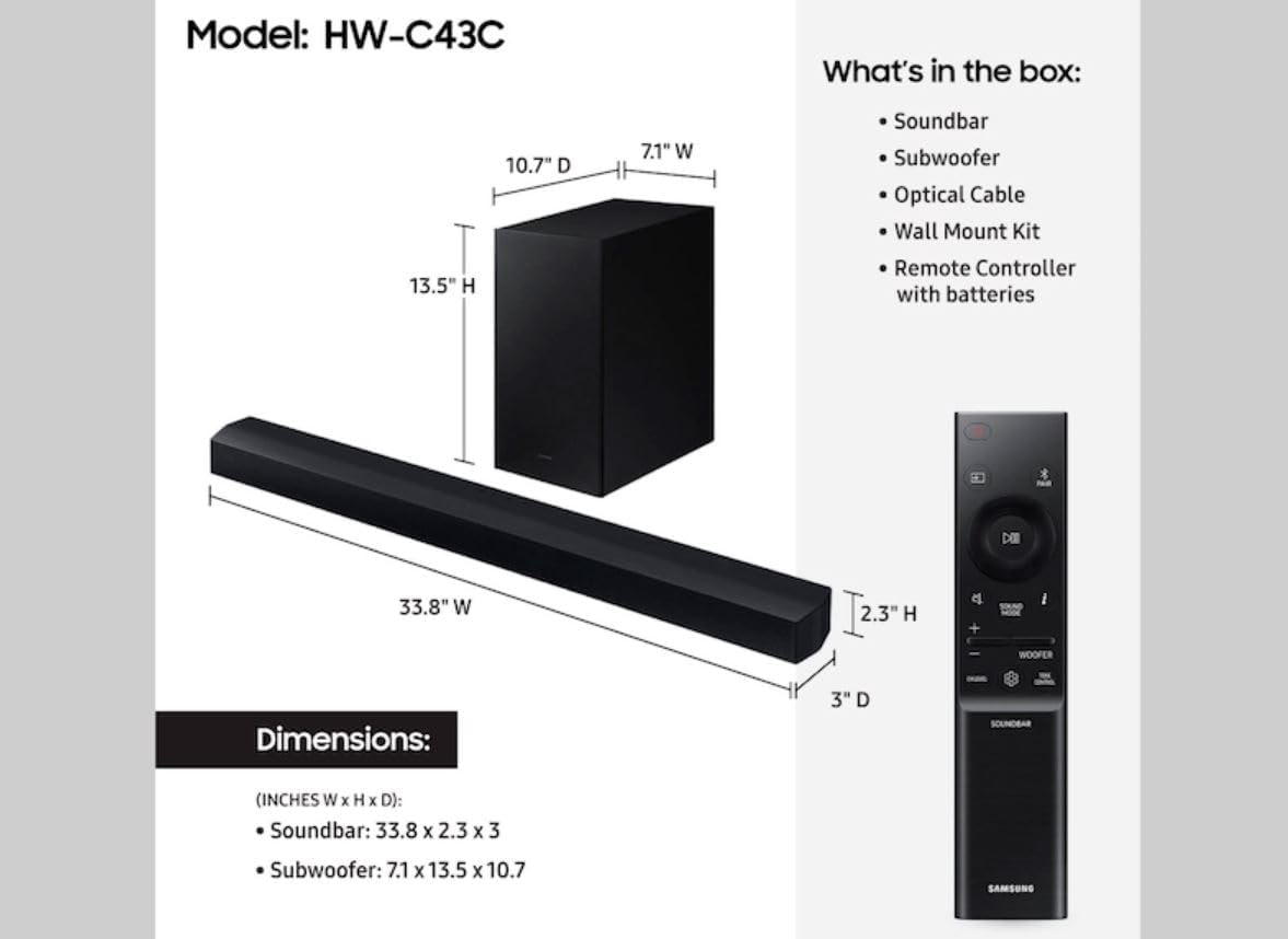 Samsung HW-C43C/ZA 2.1ch Soundbar with Subwoofer, Black (Renewed) G62900
