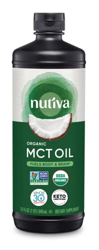 Nutiva Organic MCT Oil, Unflavored, 32 Oz, USDA Organic, Non-GMO, Non-BPA, Whole30 Approved, Vegan, Gluten-Free & Keto, 14g MCT per Serving & Neutral Flavor for Coffee, Shakes and Salads