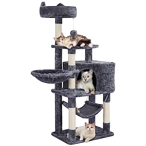 Topeakmart 54.5in Cat Tree for Indoor Cats, Cat Activity Center w/Super Cozy Cat Condo Top Perch Hammock and Basket, Luxurious Condo House, Dark Gray