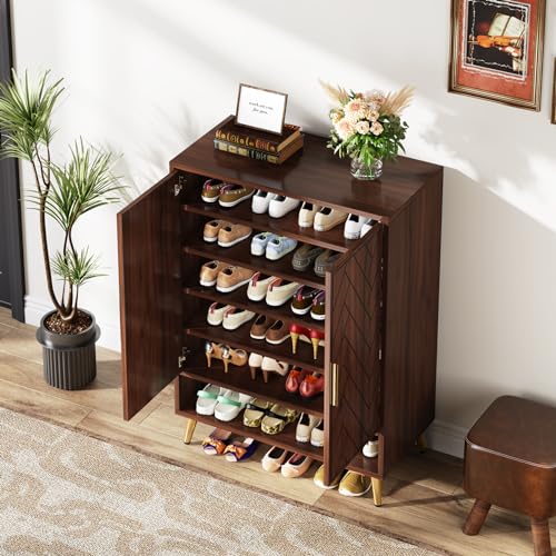 Tribesigns Walnut Shoe Cabinet with Doors, 6-Tier for Entryway Y122