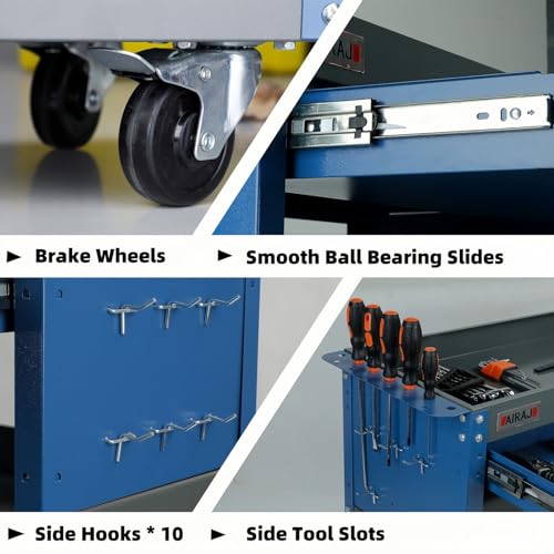 3 Tier Rolling Tool Cart with Drawers, 440 LBS Capacity, Blue F894